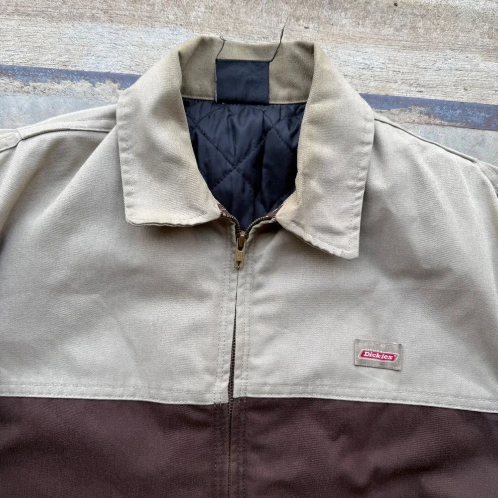 Dickies Mens Two Tone Work Jacket Tan Brown Quilted Lined Canvas Zip Up Large